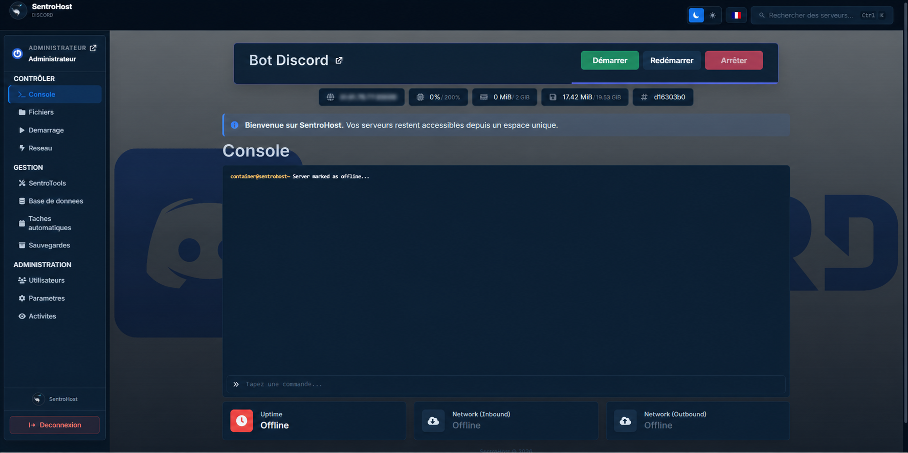Console serveur dans le panel SentroHost